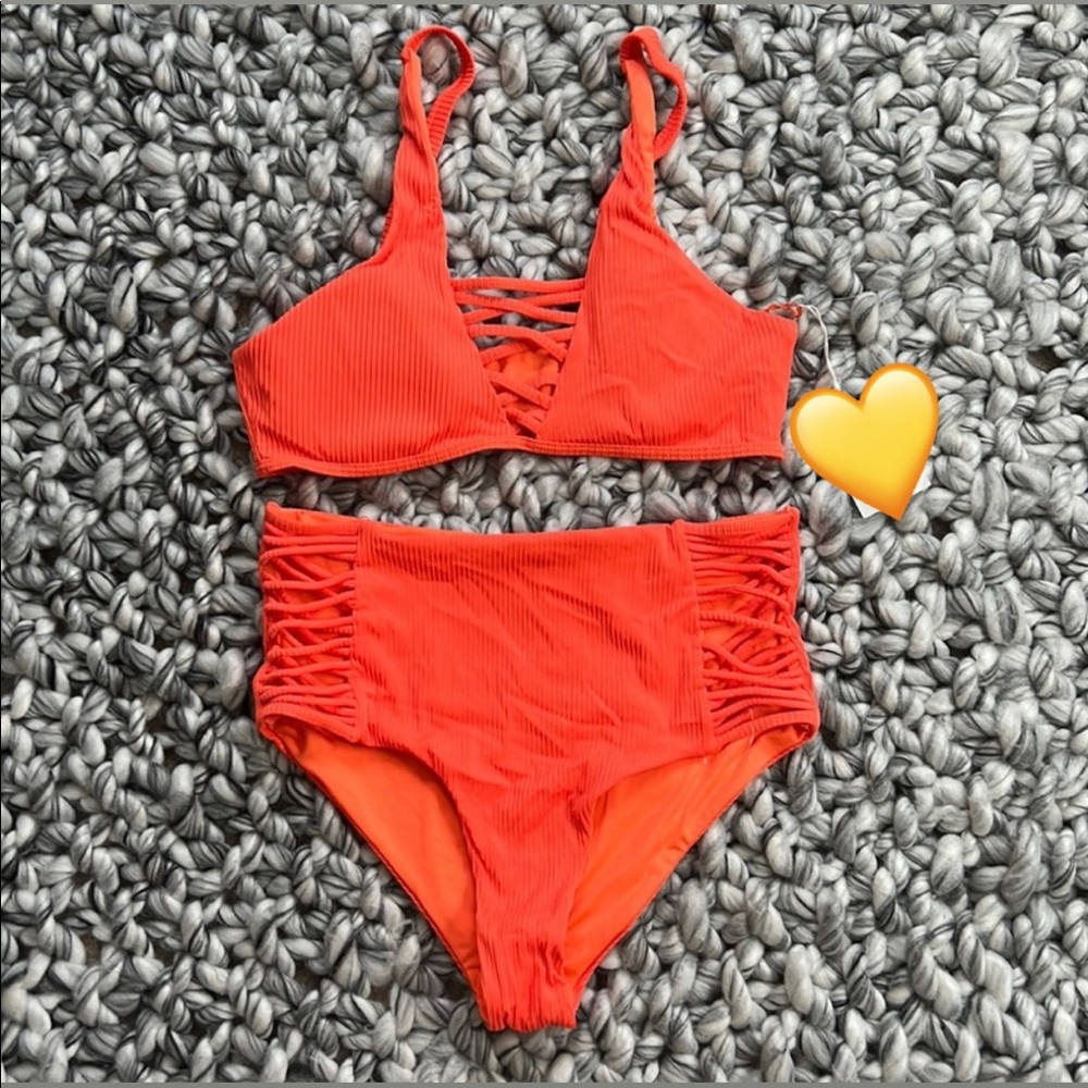 TiniBikini Orange Ribbed Crisscross Two Piece High Rise Bikini Set